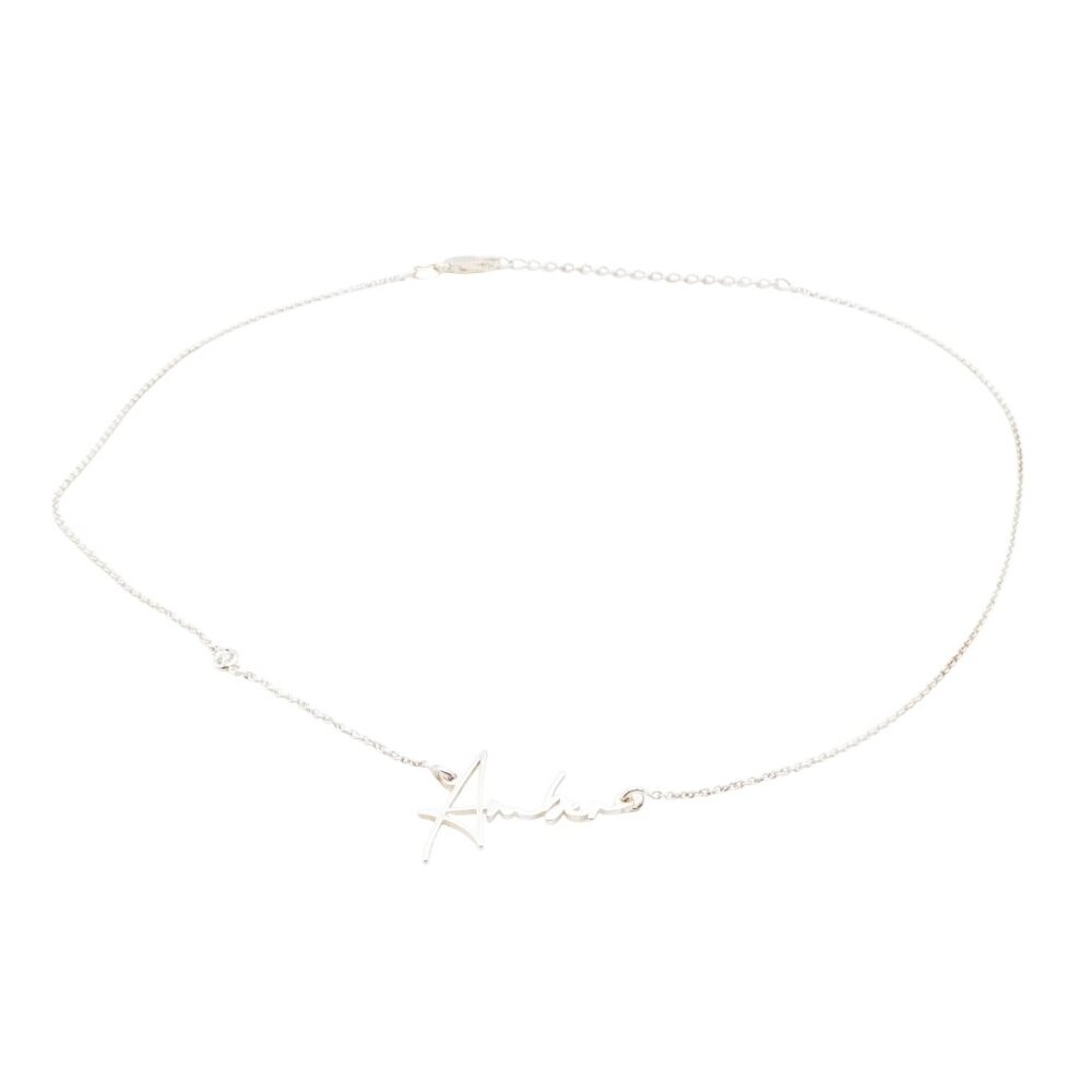 Sterling Silver Script "Amber" Name Necklace With Genuine Diamond 15 to 17 Inche